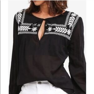 J. Crew Semolina Voile Top Embroidered Black and White Boho Peasant